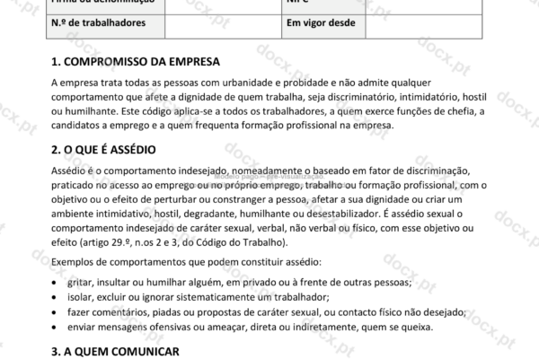 Página 1 de um código de boa conduta contra o assédio, com a definição de assédio.