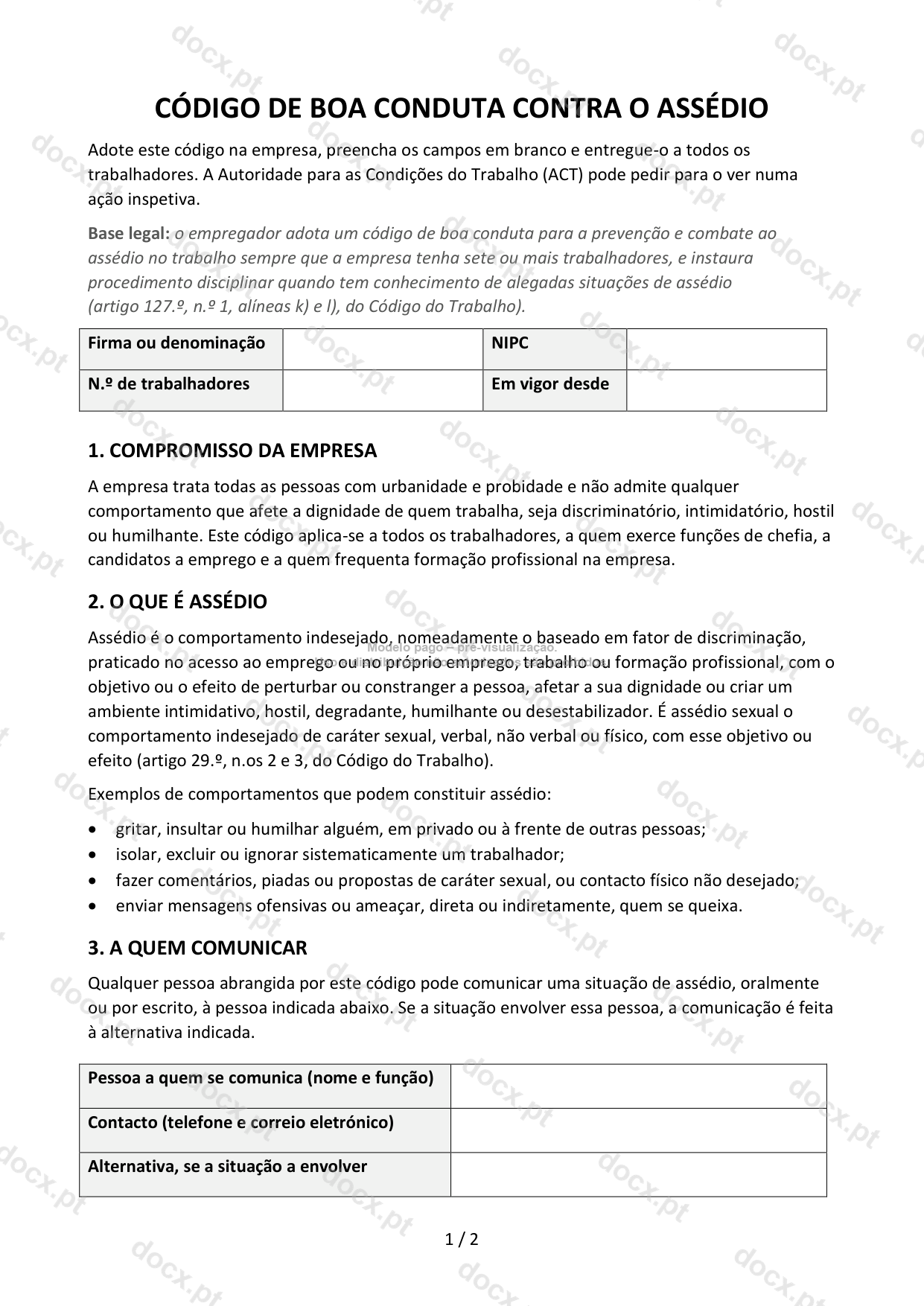 Código de boa conduta para a prevenção e o combate ao assédio — Modelo Editável Word e PDF