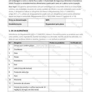 Página 1 de um plano de gestão de alergénios, com os 14 alergénios.