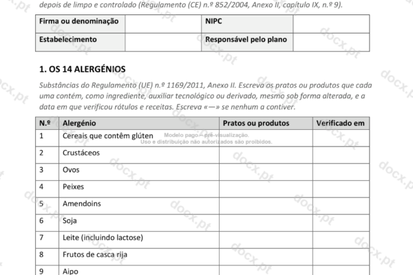 Página 1 de um plano de gestão de alergénios, com os 14 alergénios.