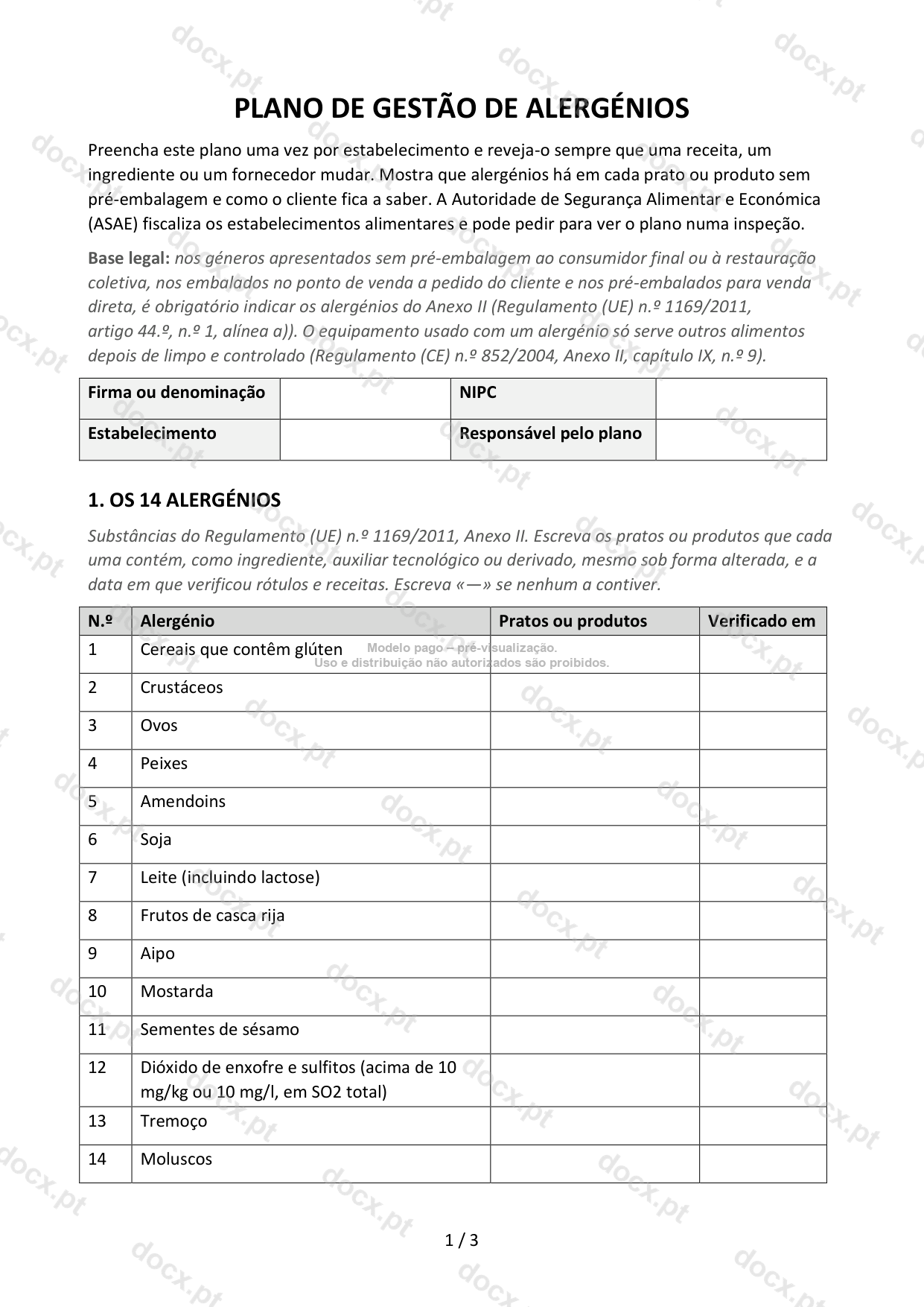 Plano de Gestão de Alergénios — Modelo Word e PDF