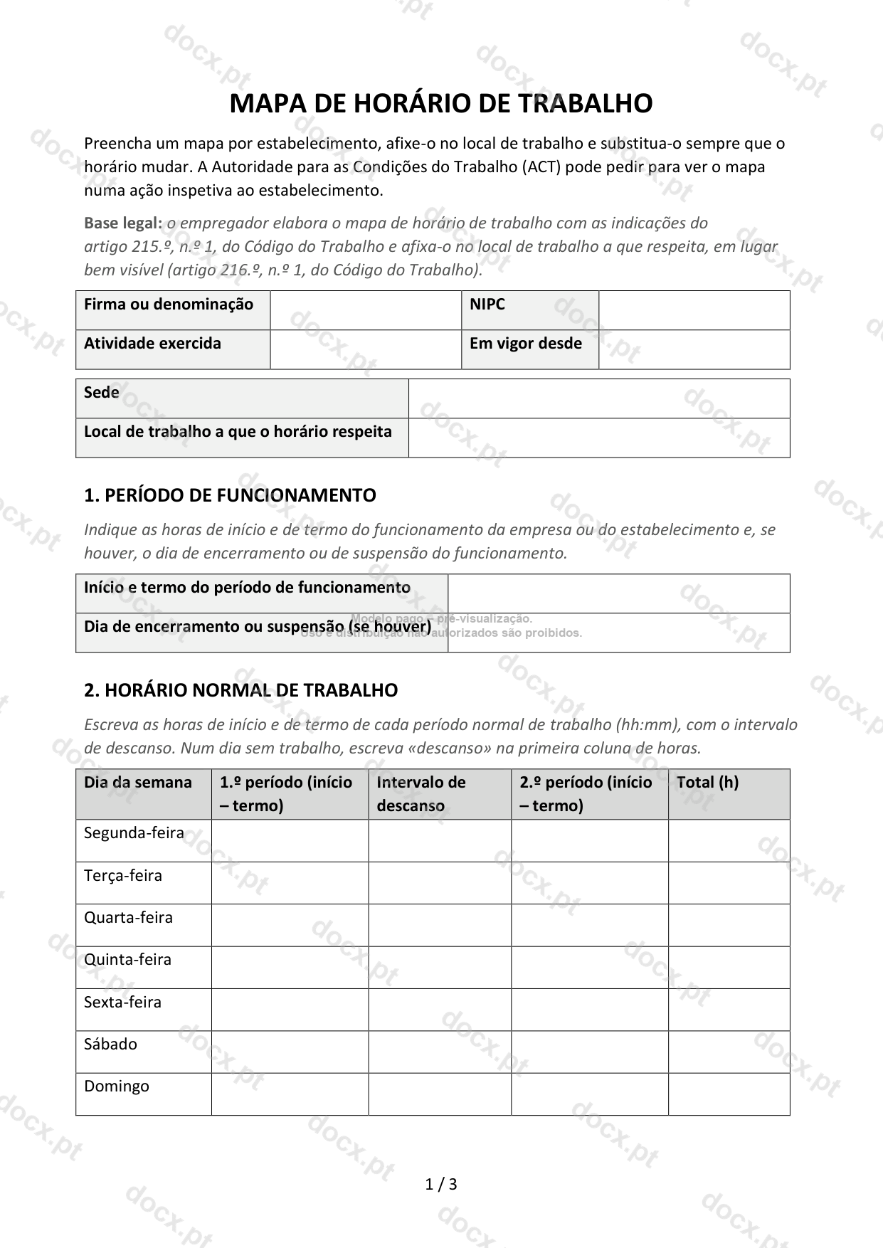 Mapa de horário de trabalho — Modelo Word e PDF