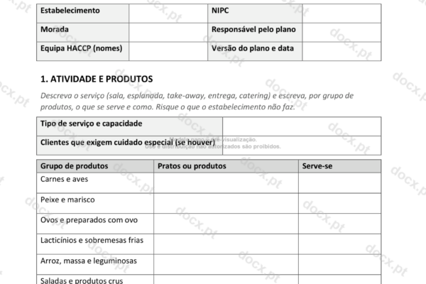 Página 1 de um plano HACCP para restauração, com a tabela de produtos.