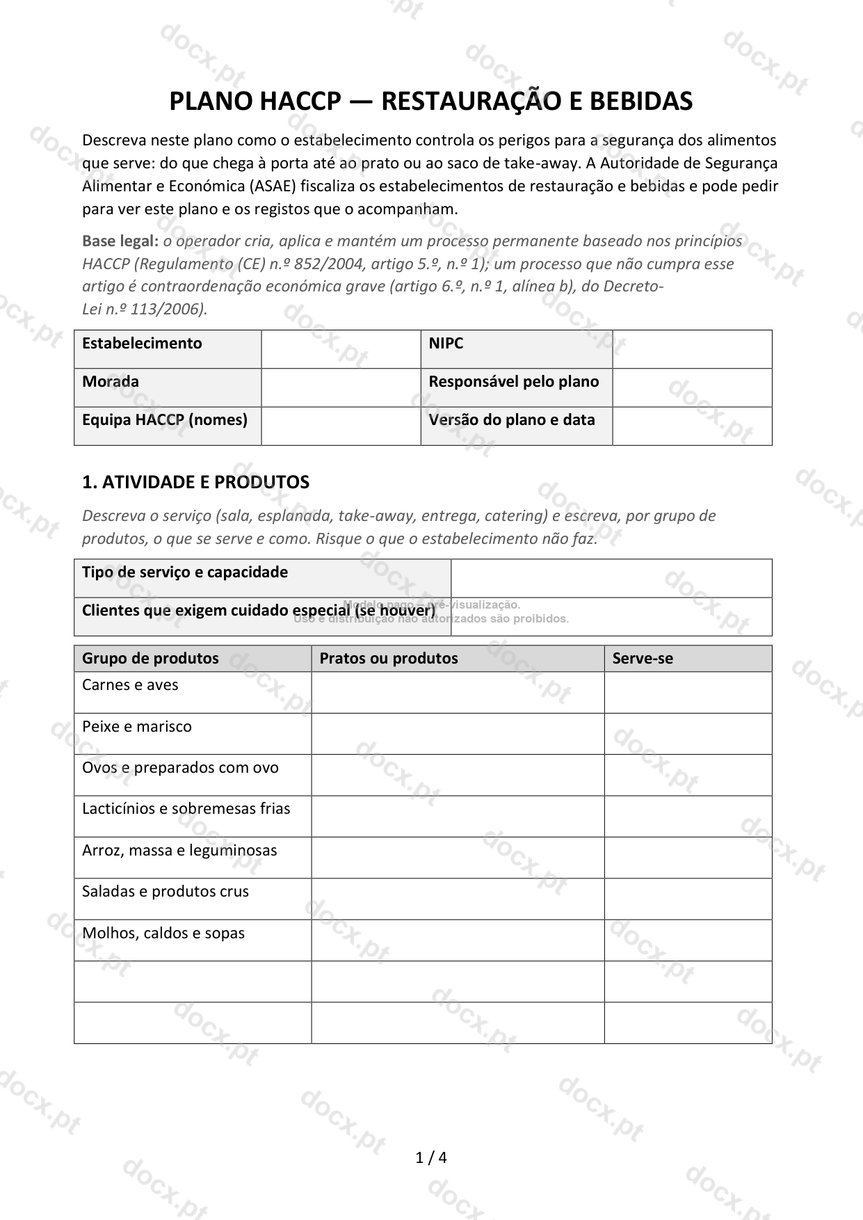 Plano HACCP para Restauração e Bebidas — Modelo Word e PDF