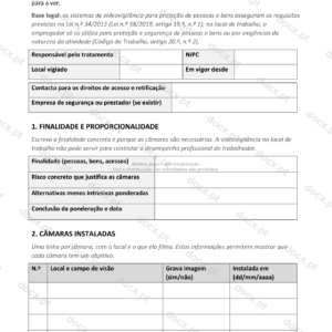 Página 1 de uma política e aviso de videovigilância, com a tabela de câmaras.