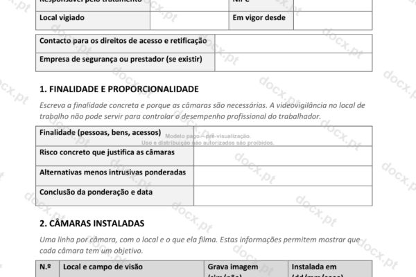 Página 1 de uma política e aviso de videovigilância, com a tabela de câmaras.