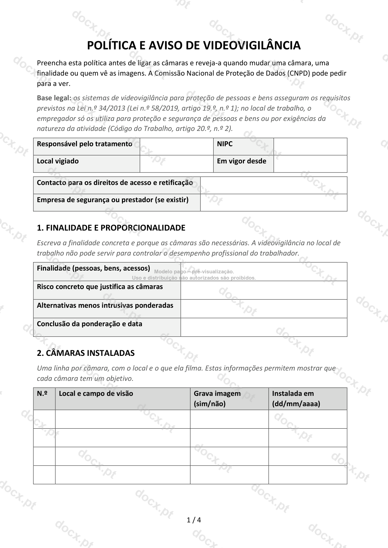 Política e aviso de videovigilância — Modelo Word e PDF