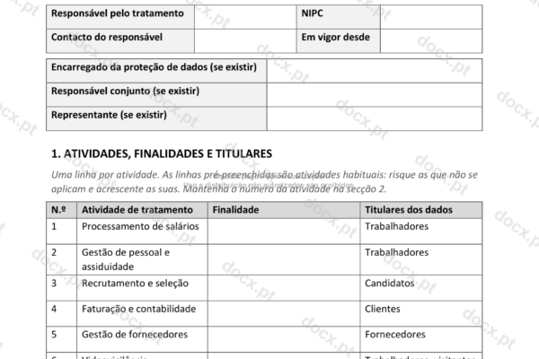 Página 1 de um registo de atividades de tratamento, com as atividades numeradas.