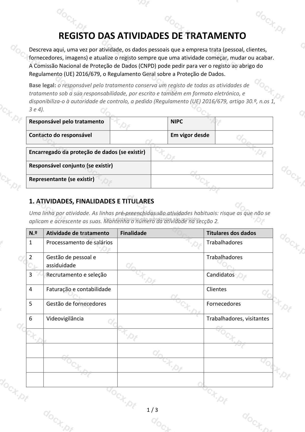 Registo das atividades de tratamento de dados pessoais — Modelo Word e PDF