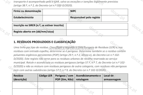 Página 1 de um registo interno de resíduos, com os códigos LER.