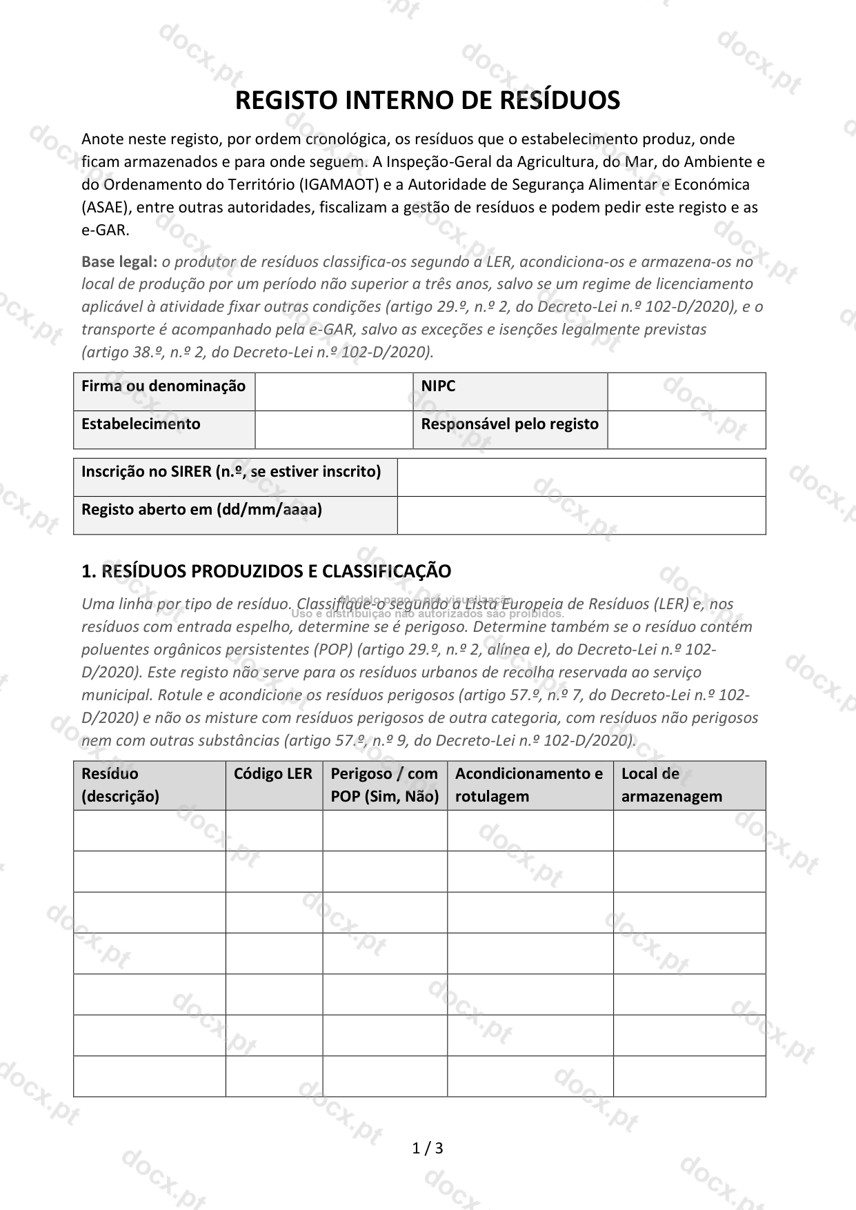 Registo Interno de Resíduos — Modelo Word e PDF