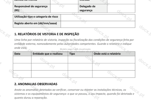 Página 1 de um registo de segurança contra incêndio, com os relatórios de vistoria.