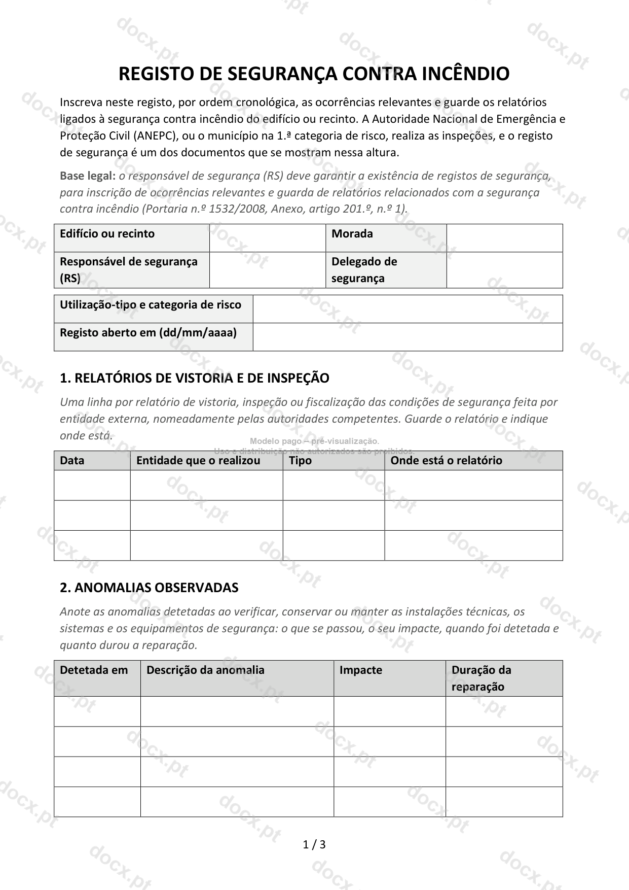 Registo de segurança contra incêndio — Modelo Word e PDF