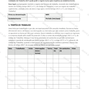 Página 1 de um registo de tempos de trabalho, com a tabela diária de horas.