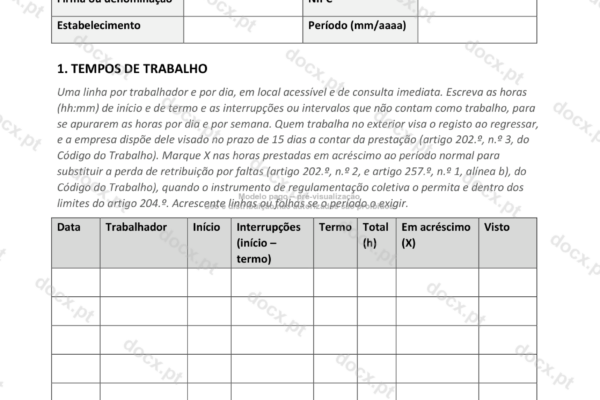 Página 1 de um registo de tempos de trabalho, com a tabela diária de horas.