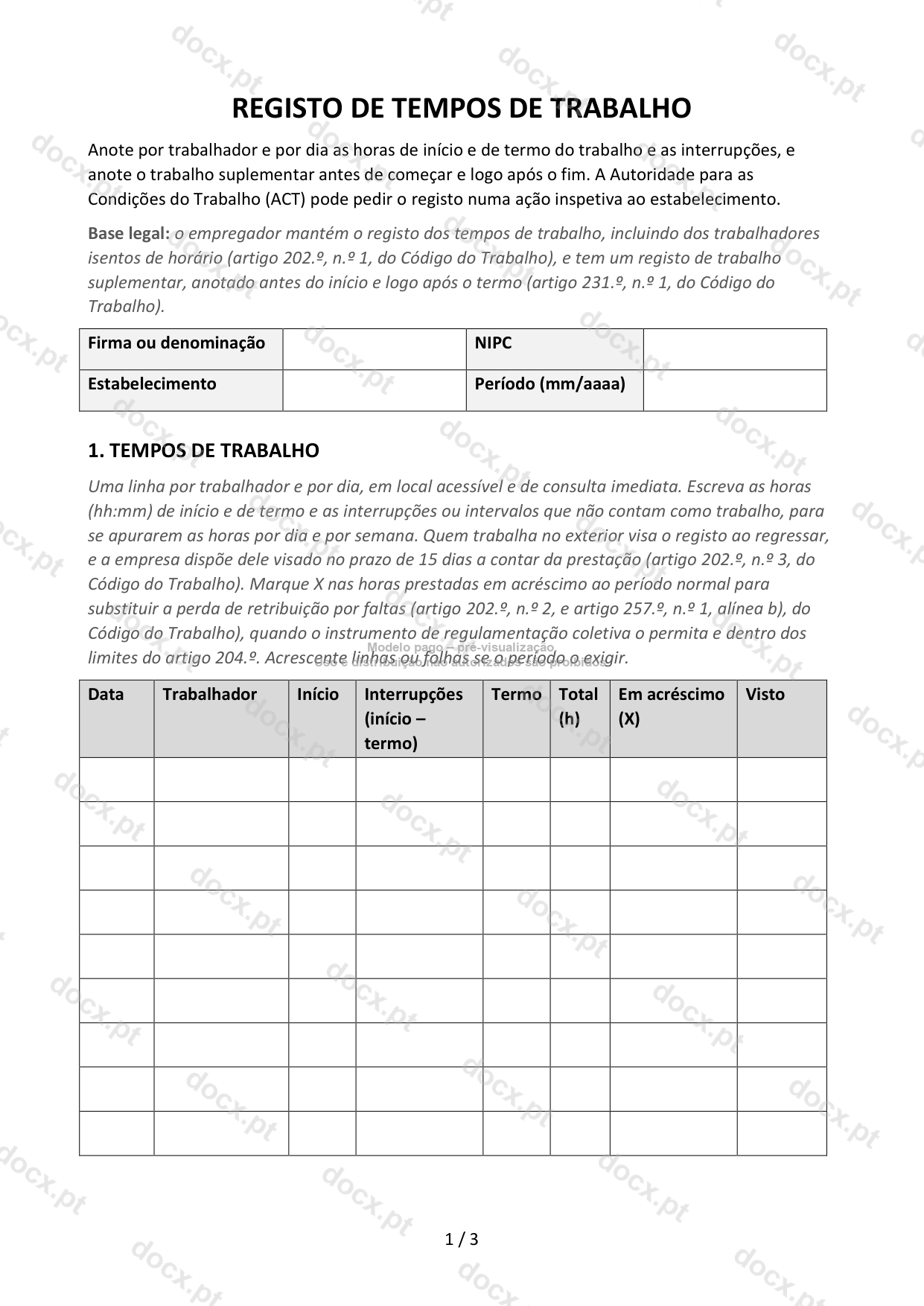 Registo de tempos de trabalho e de trabalho suplementar — Modelo Word e PDF